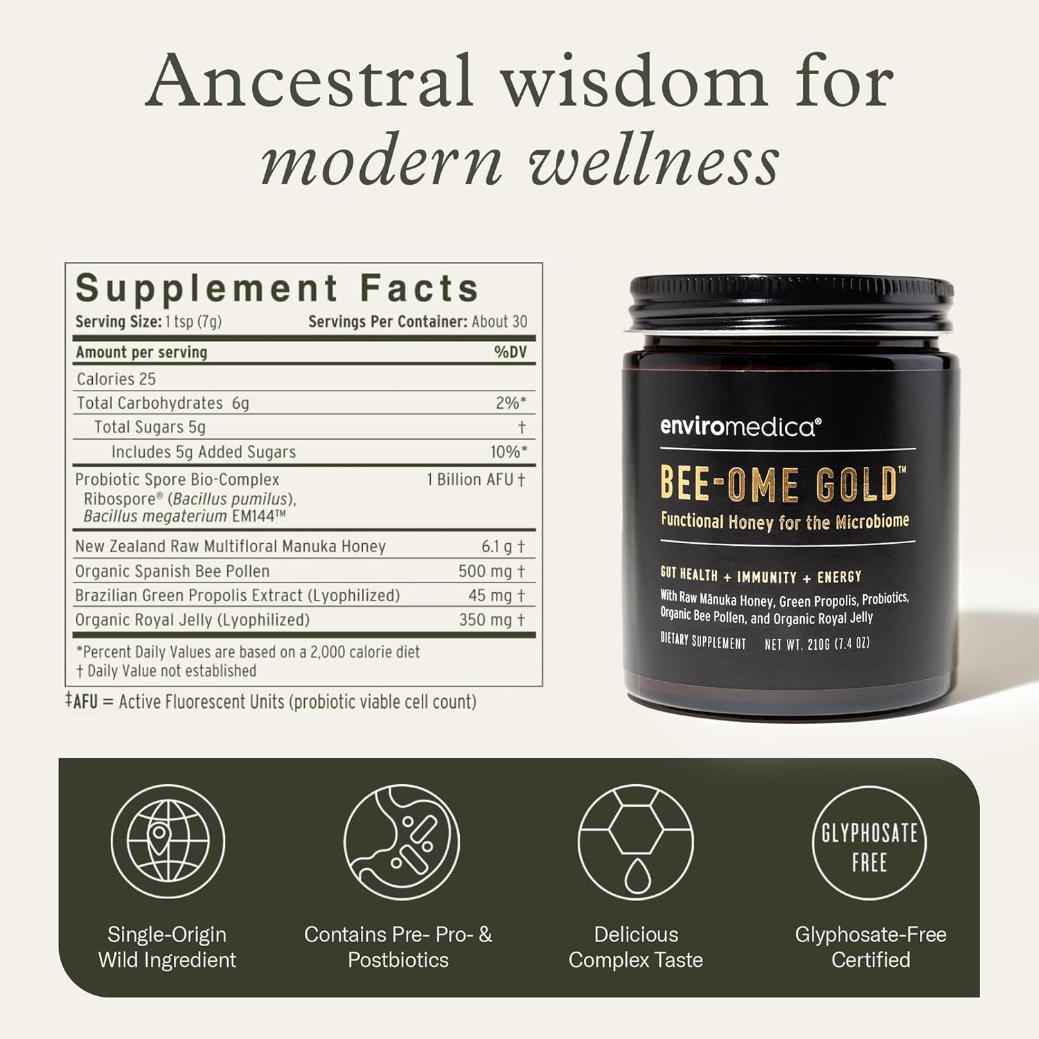 Bee-Ome Gold by Enviromedica - Unpasteurized Raw Manuka Honey with Probiotics, Royal Jelly, Bee Pollen & Propolis, Functional Superfood Honey, 7.4oz