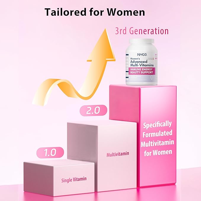 NYO3 Multivitamin for Women with 22 Essential Nutrients | 7 Minerals & 3 Special Additives & 12 Vitamins | Lutein, Zeaxanthin, Grape Seed | Nourish Hair/Skin/Nail | Energy Support | 60 Day Supply