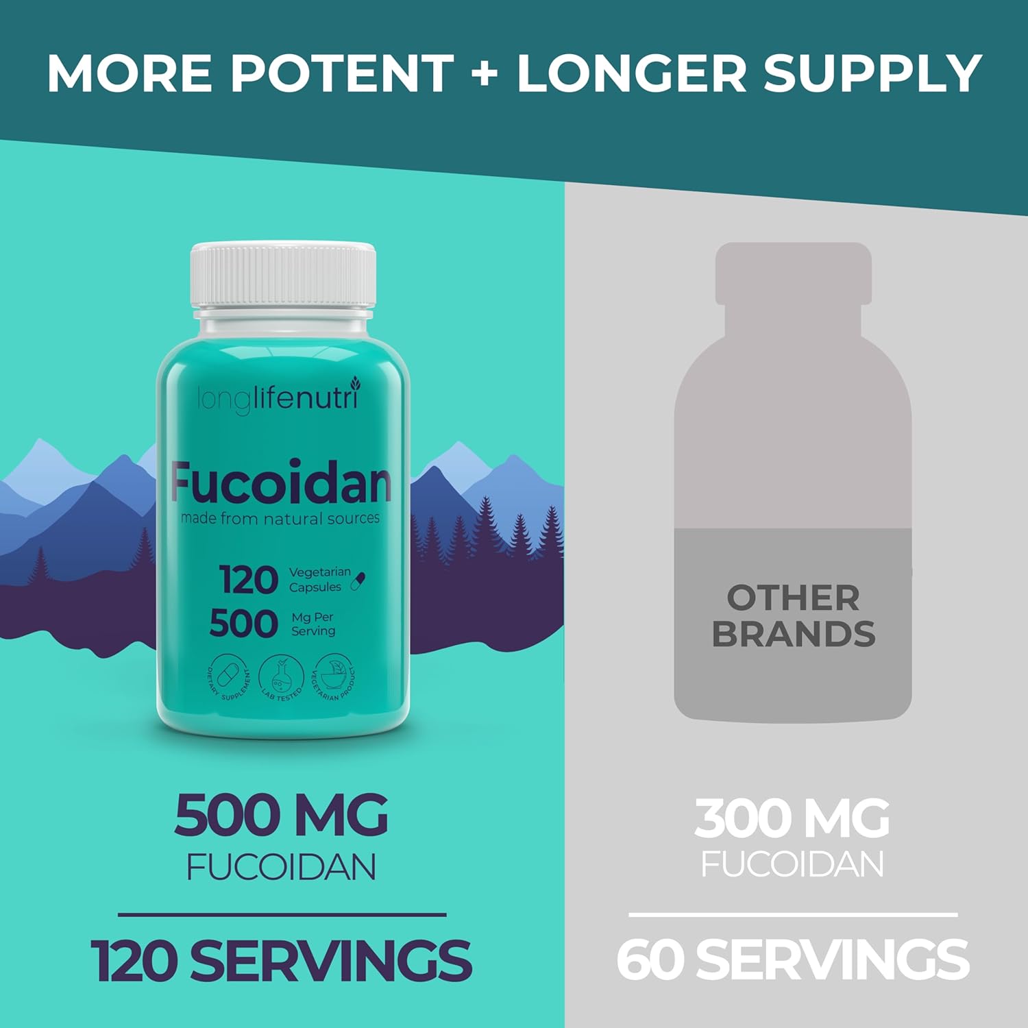 Fucoidan 500mg – Brown Seaweed Extract Supplement from a Natural Source of Fucoidan & Fucoxanthin | 120 Vegetarian Capsules for Energy & Wellness | Made in USA, GMP Certified