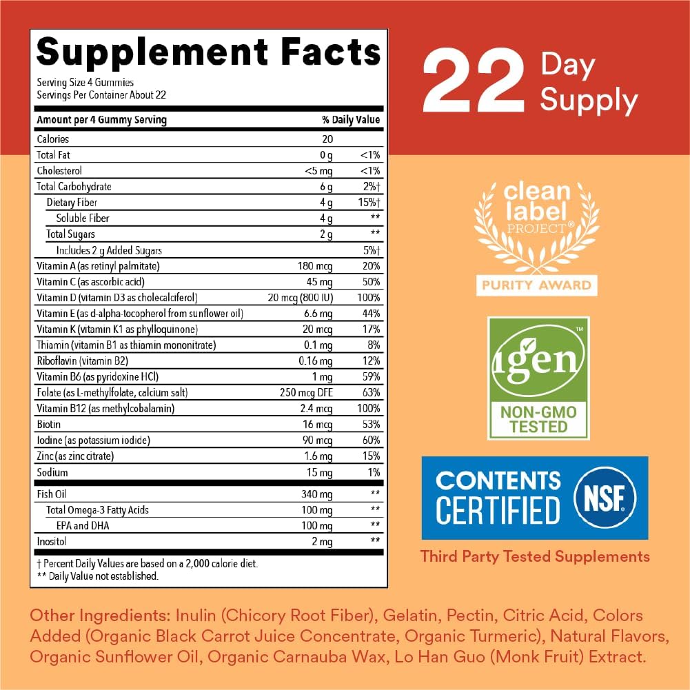 SmartyPants Kids Multivitamin Gummies and Fiber Supplement: Vitamin D3, C, Vitamin B12, B6, A, Zinc, Biotin, Inositol, Fiber Gummies, Three Fruit Flavors, 90 Count (22 Day Supply)