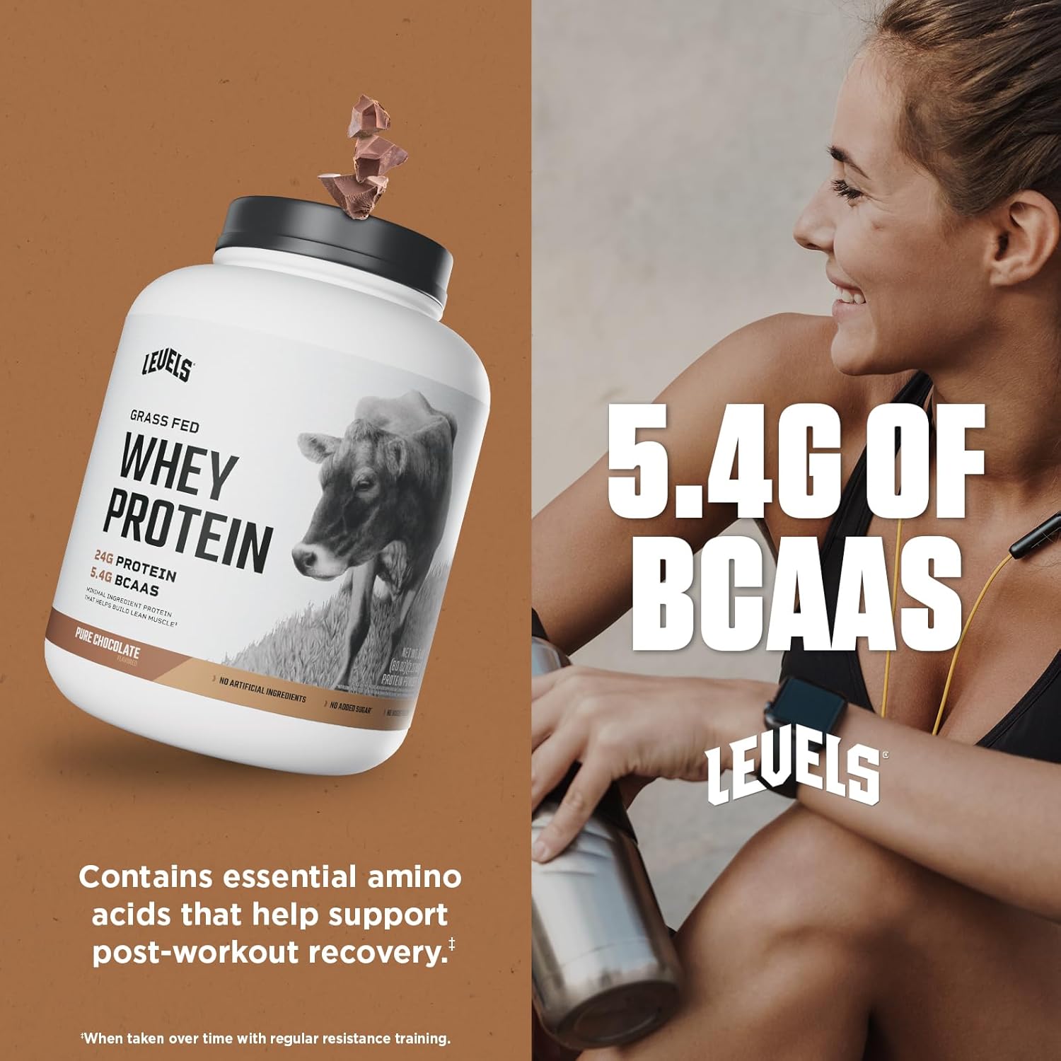 Levels Grass Fed Whey Protein Powder, No Artificials, 24G of Protein, Pure Chocolate, 5LB