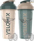 VELOMIX -2 Pack- 28 oz Protein Shaker Bottles for Protein Mixes - 2x Wire Whisk | Leak Proof Shaker Cups for Protein Shakes | Protein Shaker Bottle Pack | Shakers for Protein Shakes-Blue&Beige