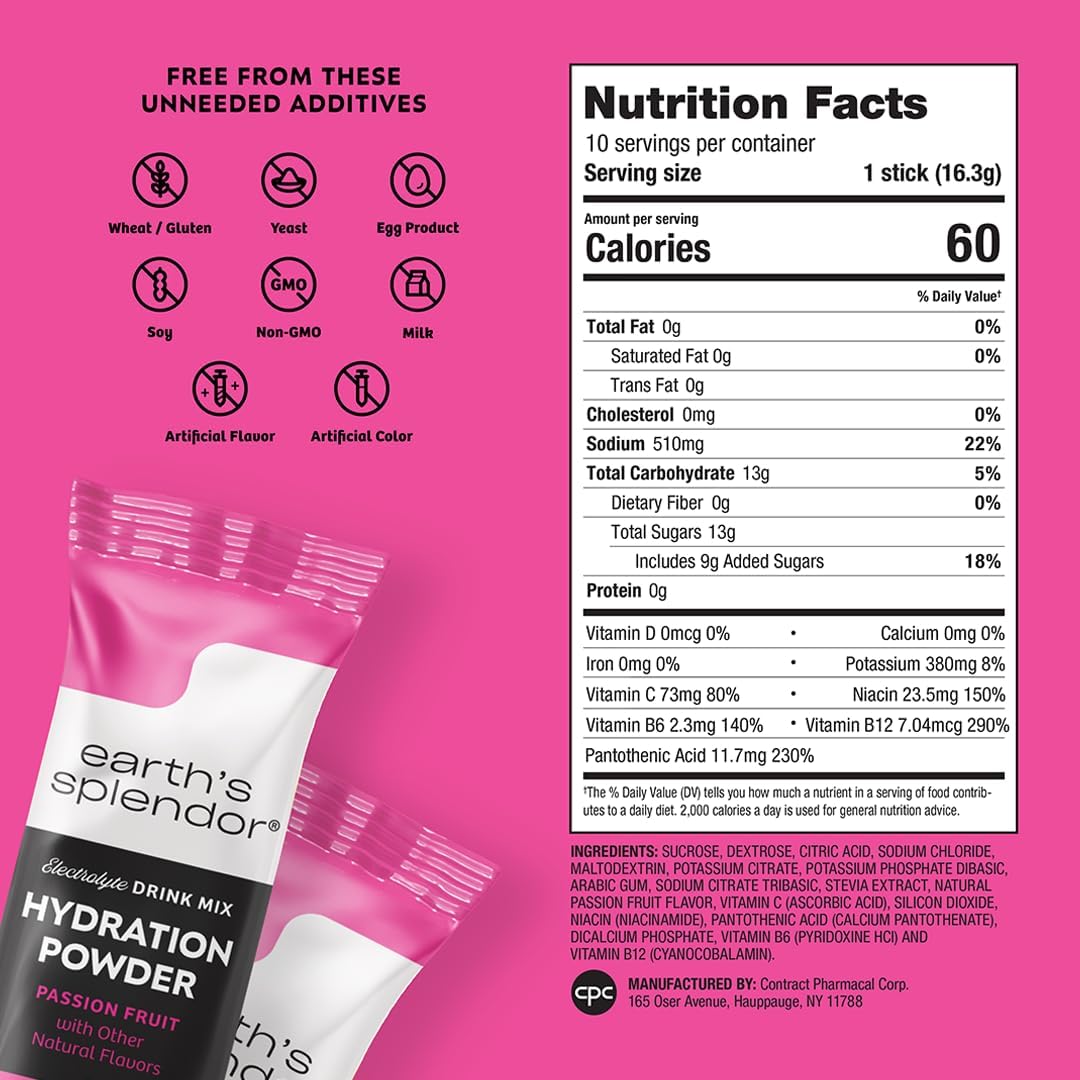 Earth’s Splendor Electrolytes Powder Packets Passion Fruit Hydration Drink Mix Sticks with Essential Vitamins for Energy & Sports Performance Travel-Friendly Single-Serve Packets for Daily Use 10 Pack