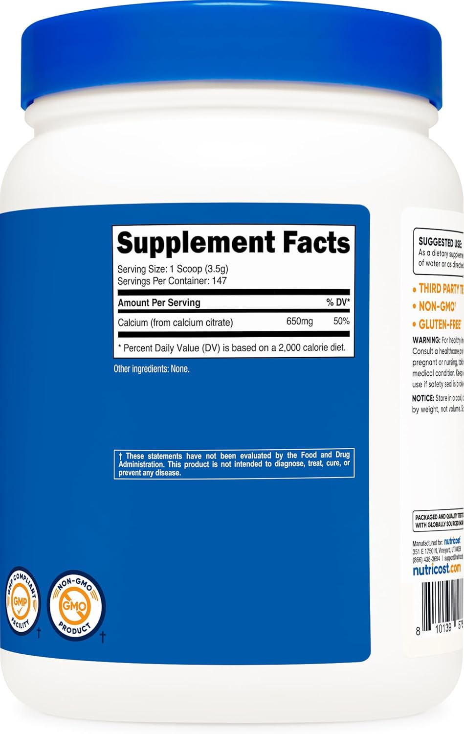 Nutricost Calcium Citrate Powder (500 Grams) (Unflavored) - Pure Calcium Citrate, No Fillers, Gluten Free (1.1lbs)