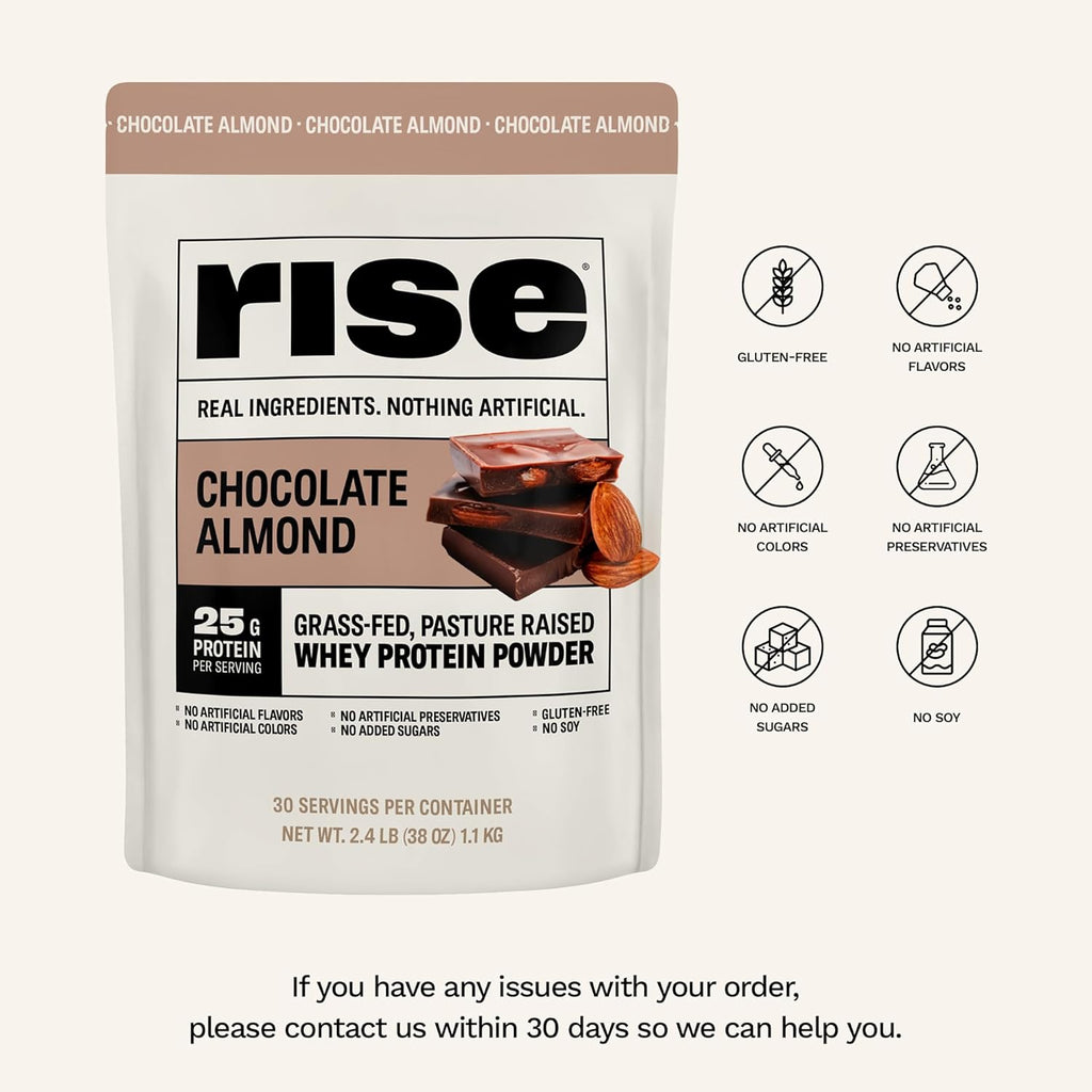 Rise Grass-Fed Whey Protein Powder - Chocolate Almond | 25g Protein No Artificial Flavors, Colors, or Preservatives - Sugar Free, Gluten-Free, Soy Free (2.4 lbs)