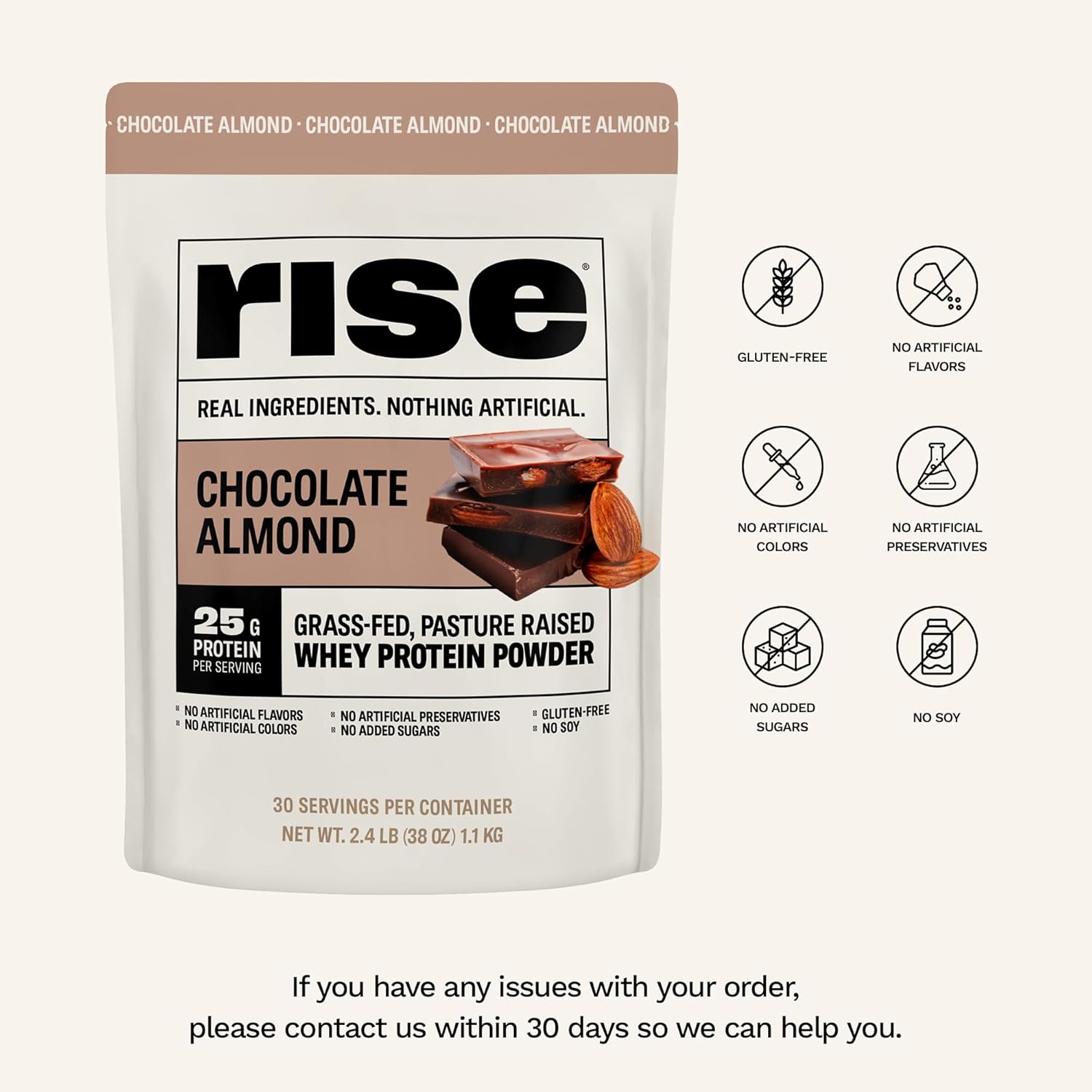 Rise Grass-Fed Whey Protein Powder - Chocolate Almond | 25g Protein No Artificial Flavors, Colors, or Preservatives - Sugar Free, Gluten-Free, Soy Free (2.4 lbs)