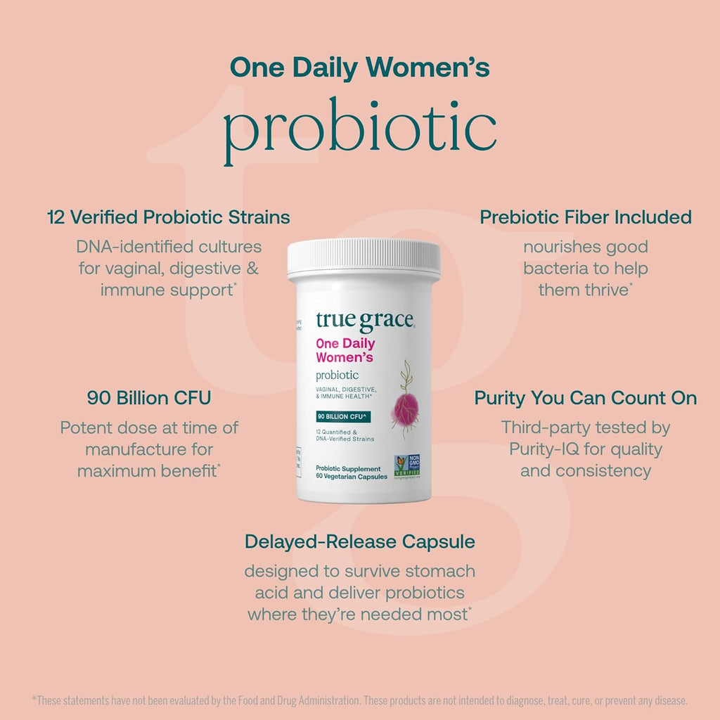 True Grace One Daily Women’s Probiotic - 60 Vegetarian Capsules - 90 Billion CFU - Digestive, Vaginal & Immune Health - Gluten & Soy Free - 60 Servings
