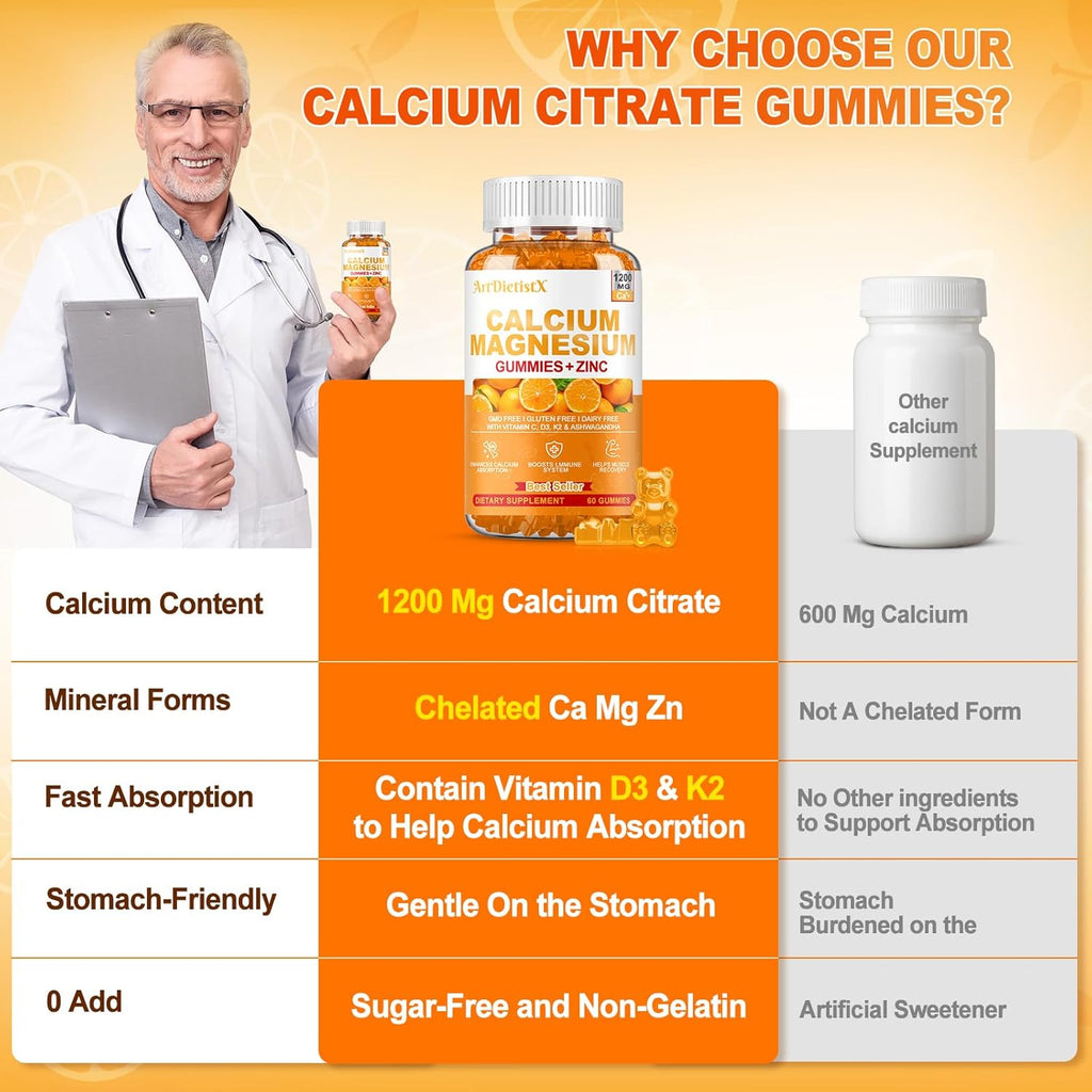 1200mg Calcium Gummies w/Vitamin D3 for Adults - High Absorption Calcium Supplement with Magnesium, K2, Copper, Boron, Zinc and Ashwagandha, Support Bone & Muscle, Sugar-Free for Women Men, 60 Count