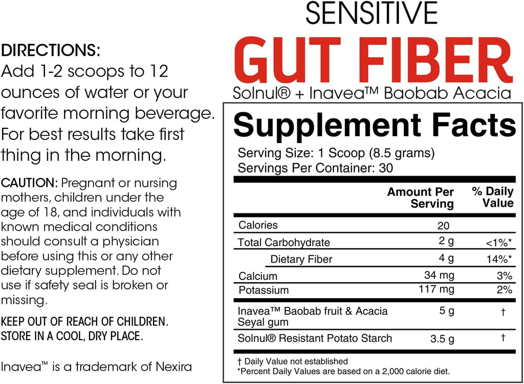 Sensitive Gut Fiber Supplement - Each Tub = 30 Scoops = 30 Day Supply - 6 Grams of Dietary Fiber Per Serving - with Galactomannan Guar Fiber, Baobab Fruit Powder (2 Tubs)