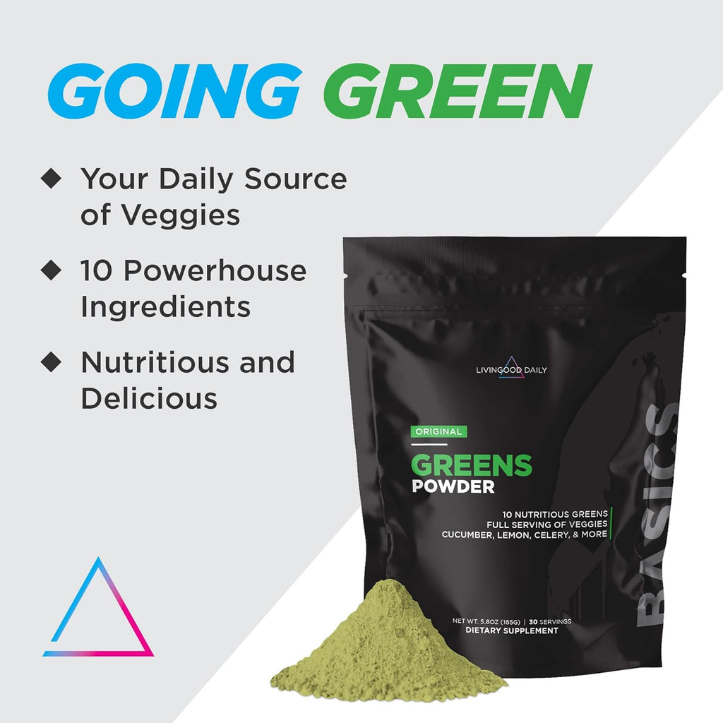 Livingood Daily Basic Greens Powder, Super Greens Drink Mix with Spirulina, Broccoli, Kale, Wheat Grass & Chlorella, Organic Vegetable Blend, Vegan, Gluten Free, Non GMO, 30 Servings