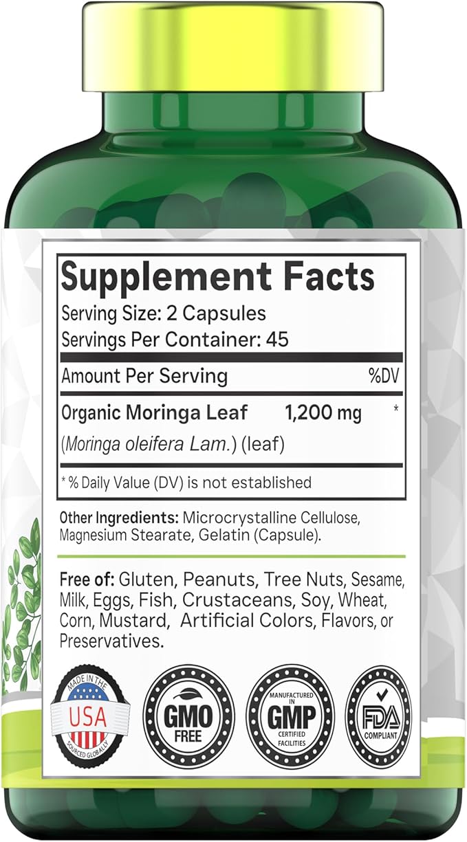 tnvitamins Organic Moringa Powder Capsules: 1,200 mg per Serving, 90 Count | Superfood Supplement for Energy & Vitality* | Organic Moringa Leaf – Non-GMO, Gluten-Free, Made in The USA