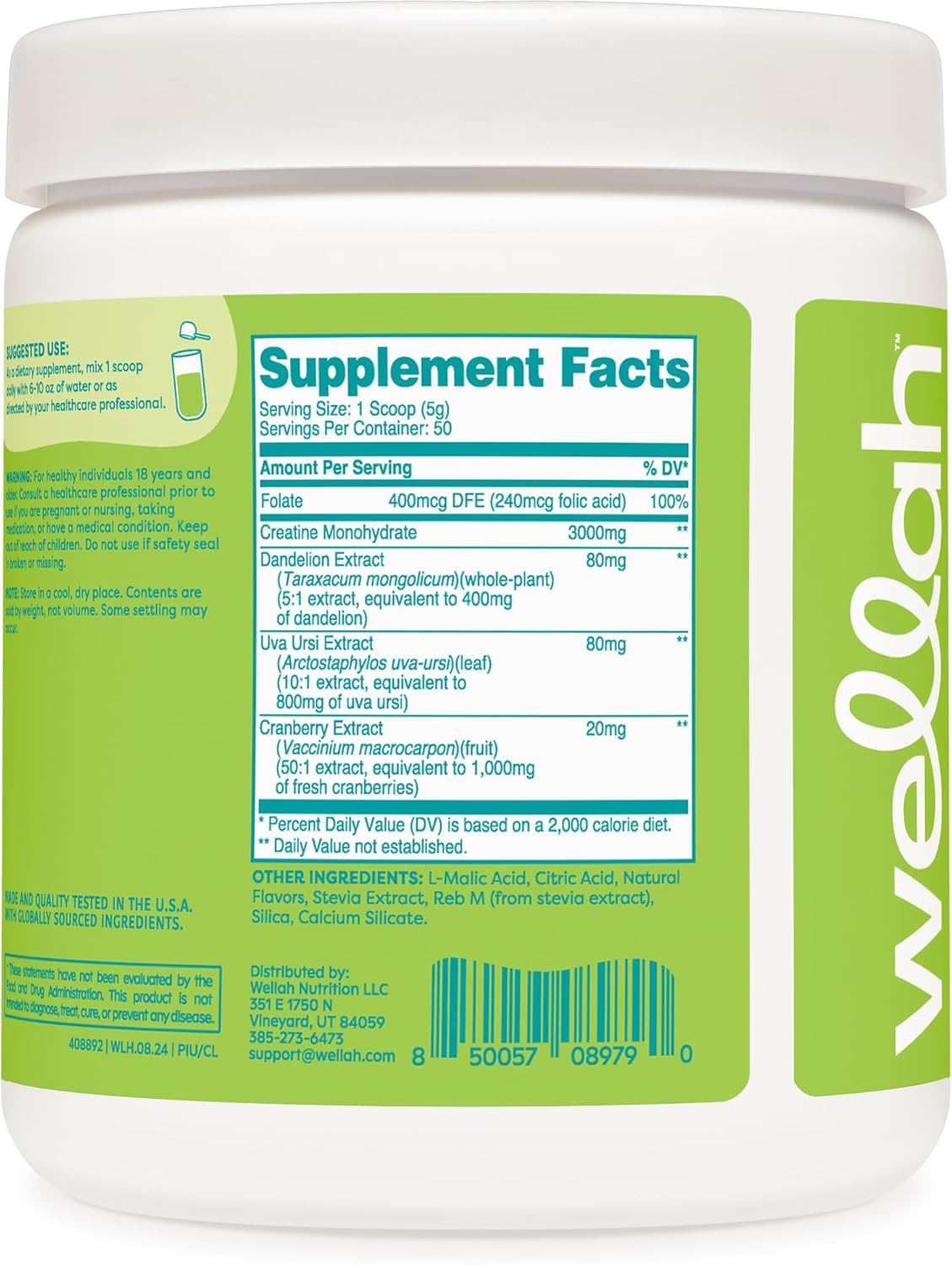 Wellah Creatine for Women - Creatine Monohydrate with Dandelion & Cranberry Extract (50 Servings, Coconut Lime)