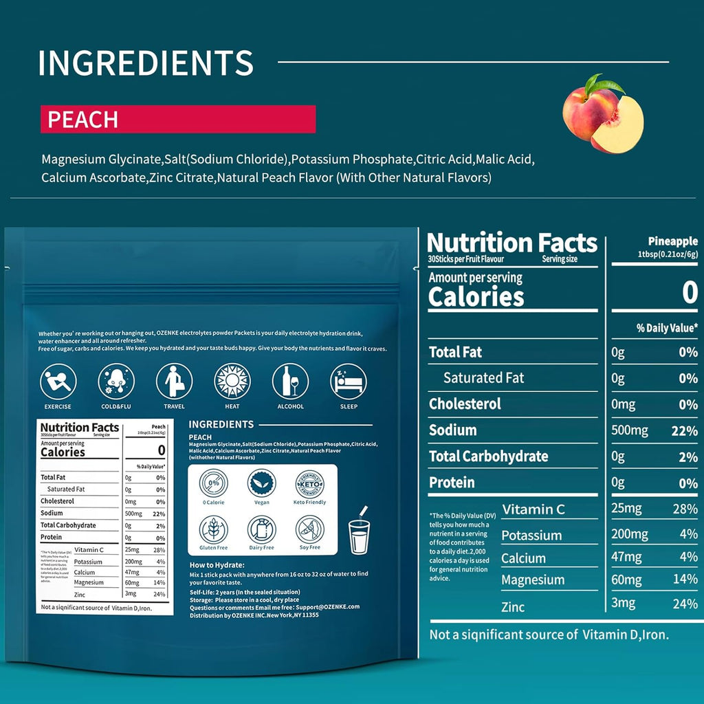 Electrolytes Powder Packets, 30 Sticks Hydration Packets Sugar Free, Electrolyte Drink Mix Portable Electrolyte Packets for Rapid Hydration, 0 Sugar & 0 Calorie, Peach Flavor