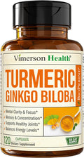Turmeric Curcumin Supplement with Ginkgo Biloba & Black Pepper – Natural Turmeric Supplement with Organic Tumeric for Joint Support, Brain Clarity, Focus & Memory – Vegan, 120 Ginko Biloba Capsules