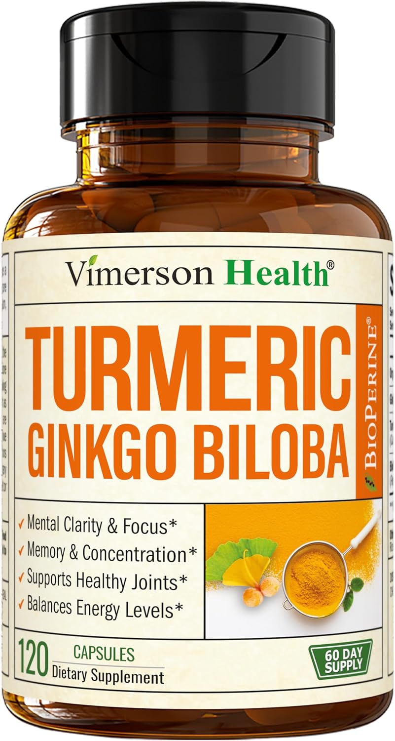 Turmeric Curcumin Supplement with Ginkgo Biloba & Black Pepper – Natural Turmeric Supplement with Organic Tumeric for Joint Support, Brain Clarity, Focus & Memory – Vegan, 120 Ginko Biloba Capsules