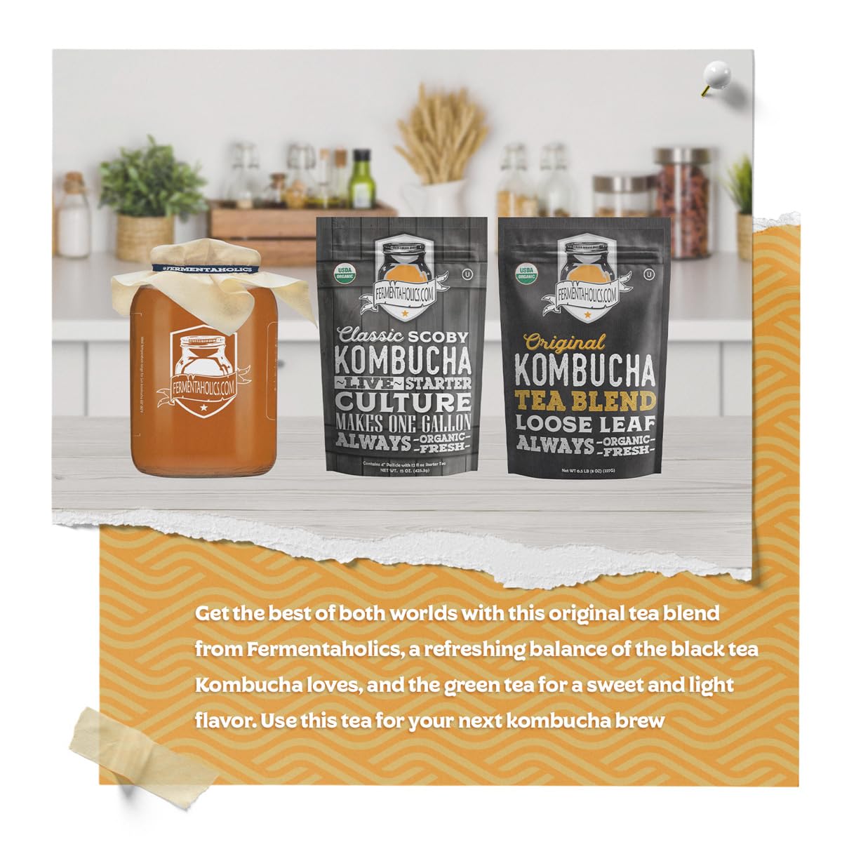 Fermentaholics USDA Certified Organic Kombucha Tea Blend 8 oz | Makes 22 Gallons | Kosher Certified | Organic Black and Green Tea Blend | Loose Leaf