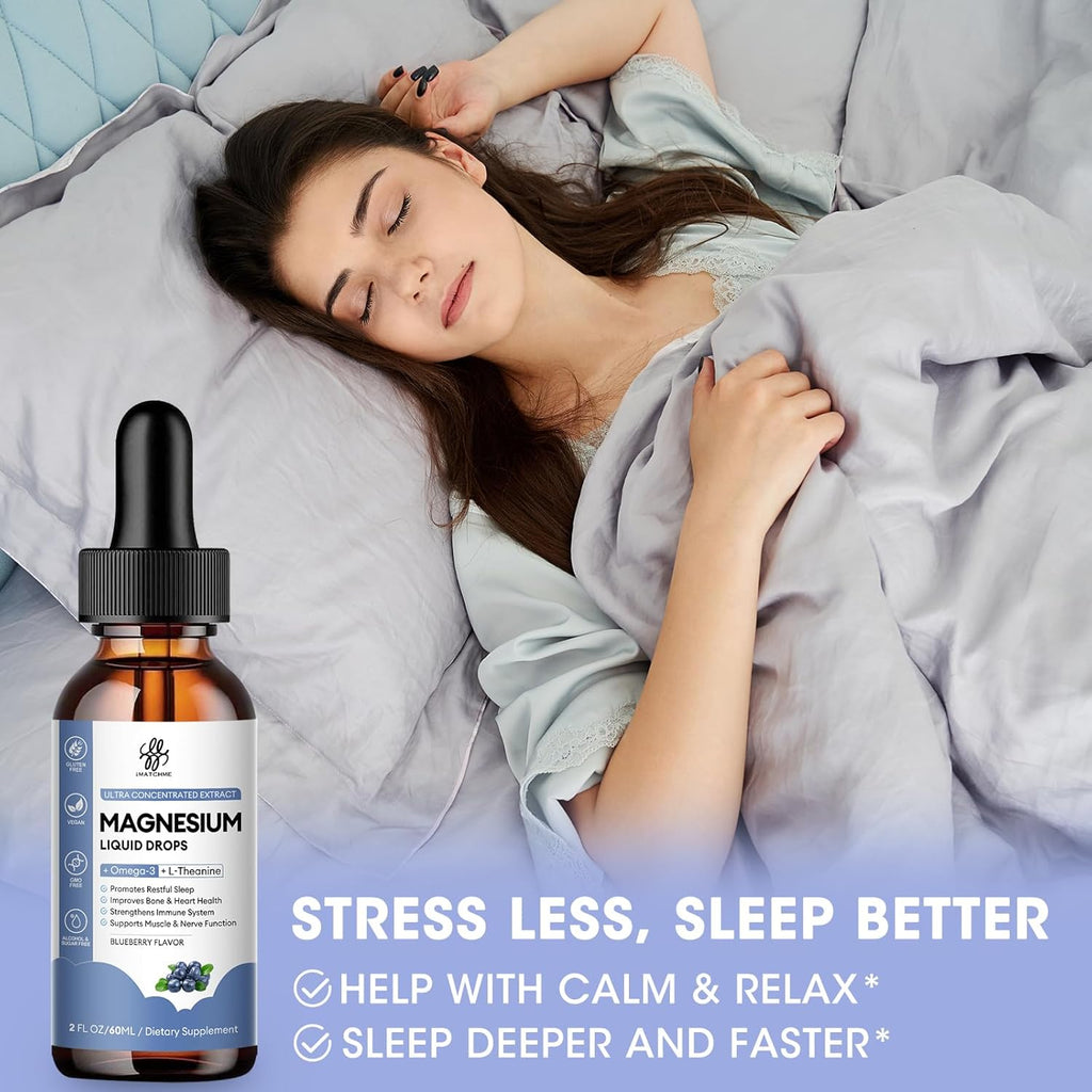 Magnesium Glycinate Liquid, Magnesium Complex Supplement with Omega3, L-Theanine and Vitamin for Calm, Sleep Support, Muscle Relief, Non GMO, Blueberry Flavor, 2 Fl Oz