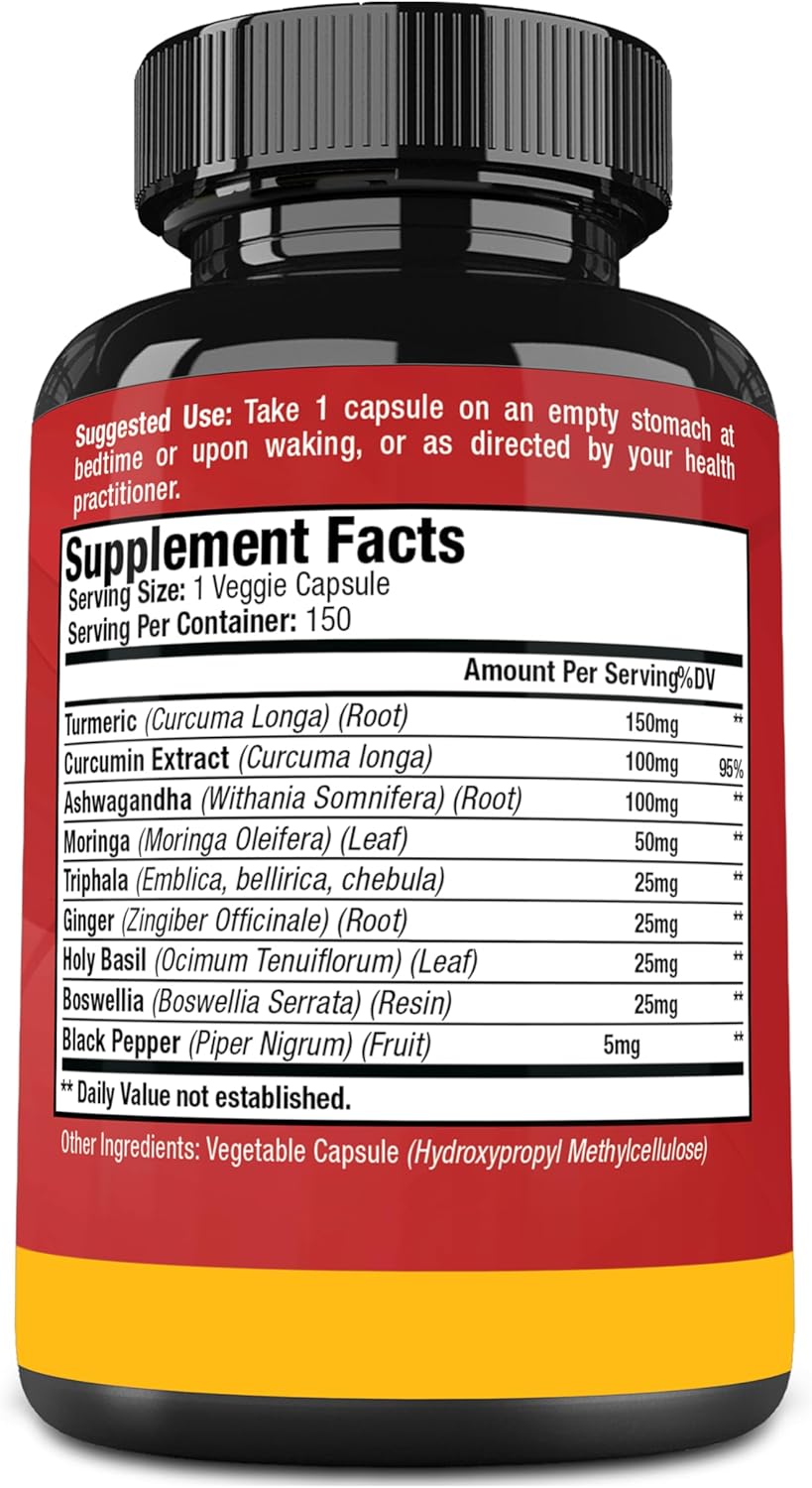 Turmeric Curcumin Capsules - with Ashwagandha, Boswellia, Triphala, Ginger, Holy Basil, Moringa, and Black Pepper - 150 Pills 5 Month Supply