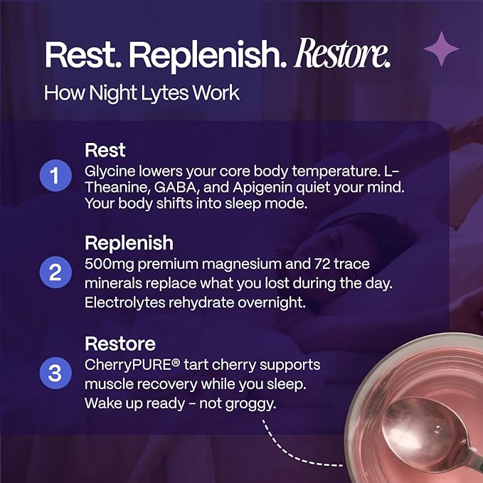 Slumber Night Lytes Magnesium Sleep Powder Drink Mix, Vanilla Hibiscus Flavor, Magnesium Glycinate, L-Theanine, Vitamin D3, Zinc, Sugar Free, Vegan, 30 Servings