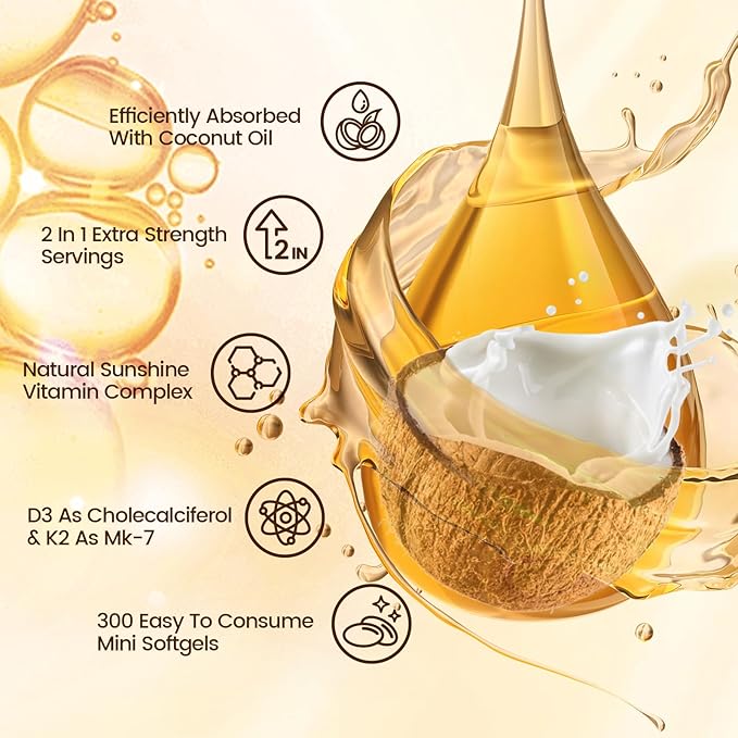 Vitamin D3 K2 10000 IU with MK7-300 Virgin Coconut Oil Softgels, 2 in 1 Vitamins D & K Complex | Vitamina D3 con K2 | Supports Calcium Absorption, Bone, Immune, & Heart Health – Easy to Swallow
