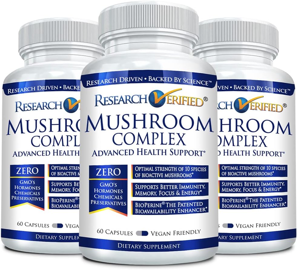 Research Verified Mushroom Complex - Support Immunity, Boost Antioxidants, Improve Cognitive Function - 10 Mushrooms Including Reishi, Maitake, and Shiitake - 180 Capsules - Vegan