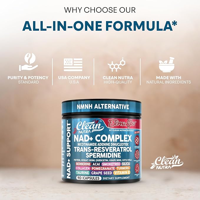 Clean NAD Supplement Resveratrol Liposomal NAD+ Spermidine Fisetin Wheat Germ Quercetin Grape Seed Extract Gotu Kola Berberine Astaxanthin Peptides for Women Energy 90 Capsules