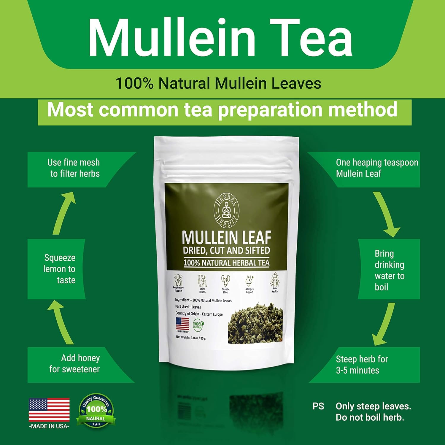 Herbal Hermit Mullein Leaf Tea (3 oz/85 grams) Herb for Respiratory Support, Mucous Membranes, Lung Cleanse Dried Leaves Blend, Cut and Sifted Made in USA