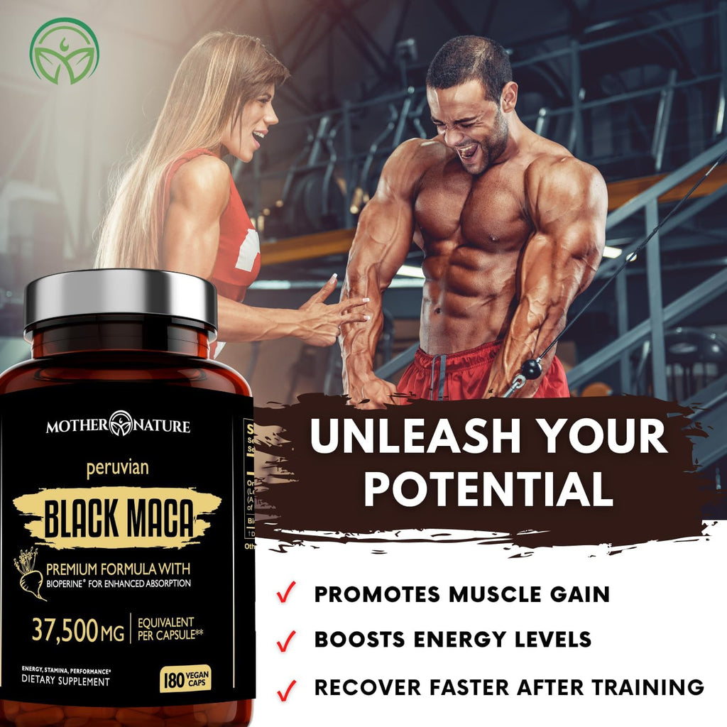 Mother Nature 37,500mg 50x Strength Organic Highly Concentrated Peruvian Black Maca Root Capsules for Men 100% Pure Maca Peruana 50:1 Extract to Boost Stamina, Enegy, Muscle Gain - 180ct