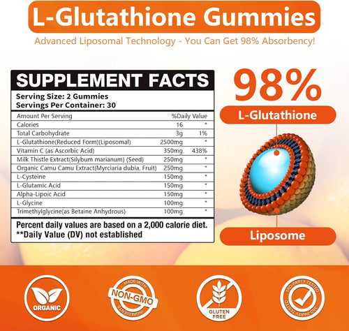 2 Packs 2500MG Liposome Glutathione Gummies, Composite L-Cysteine, L-Glycine Synergies, Collocation Milk Thistle Protect Liver, Increas 98% Absorption Rate, Whitening Skin Antioxidant Anti-Aging