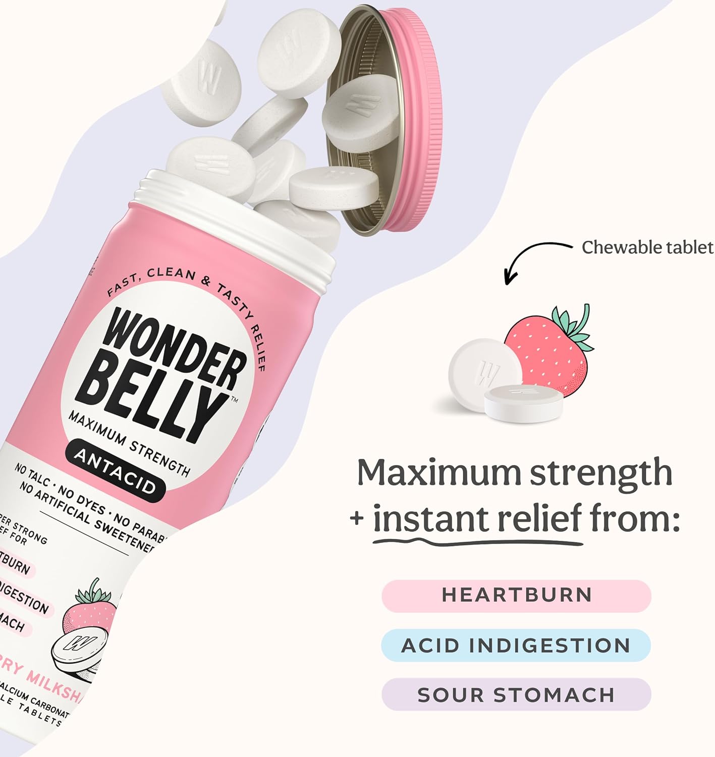 Wonderbelly Antacid, Effective Heartburn and Instant Acid Indigestion Relief, Extra Strength Chewable Tablets, 1000 mg Calcium Carbonate, No Talc or Dye, Strawberry Milkshake, 60 Count