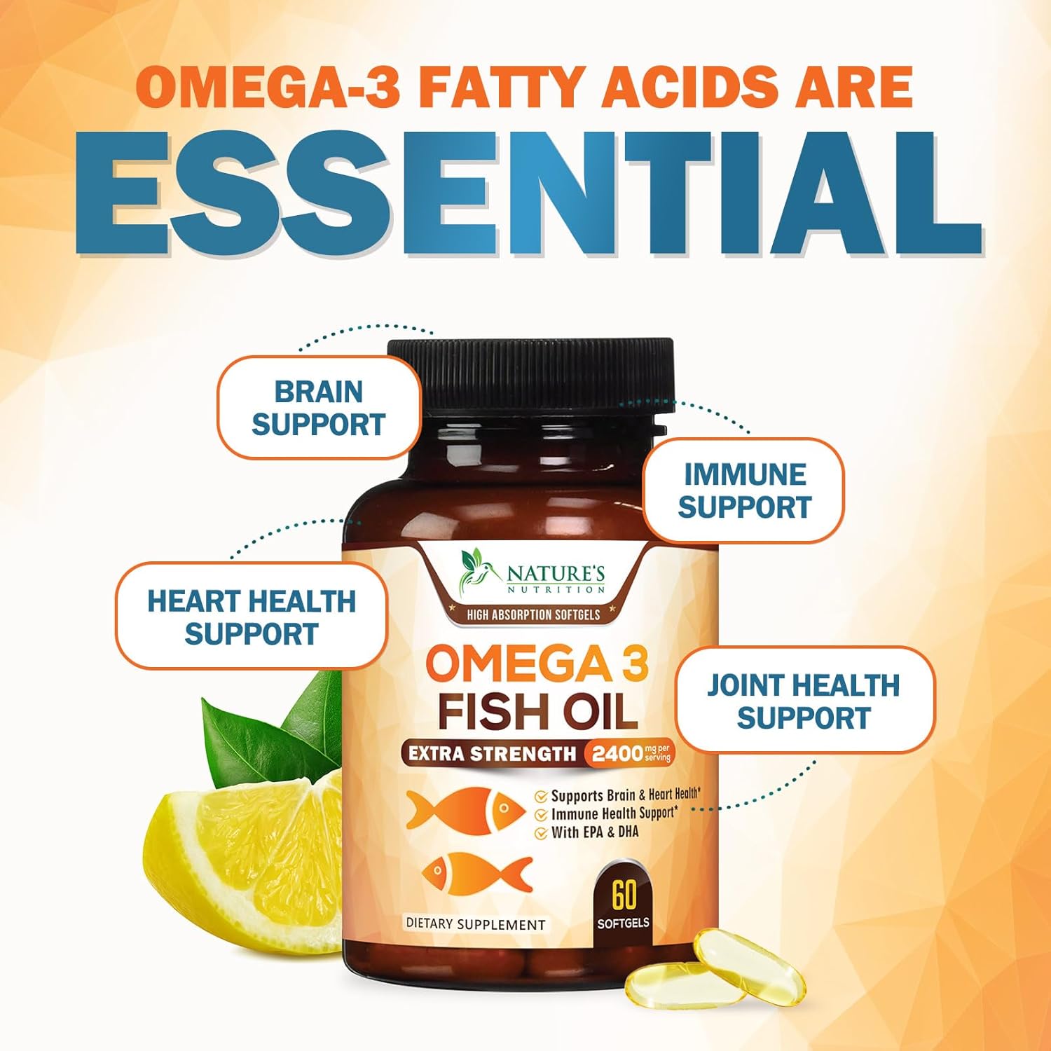 Omega 3 Fish Oil 2400 mg – Triple Strength EPA & DHA Fatty Acids for Heart, Brain & Joint Support – Wild-Caught, Burpless, Lemon Flavor Supplement – Natural, Non-GMO, Gluten-Free – 60 Softgels