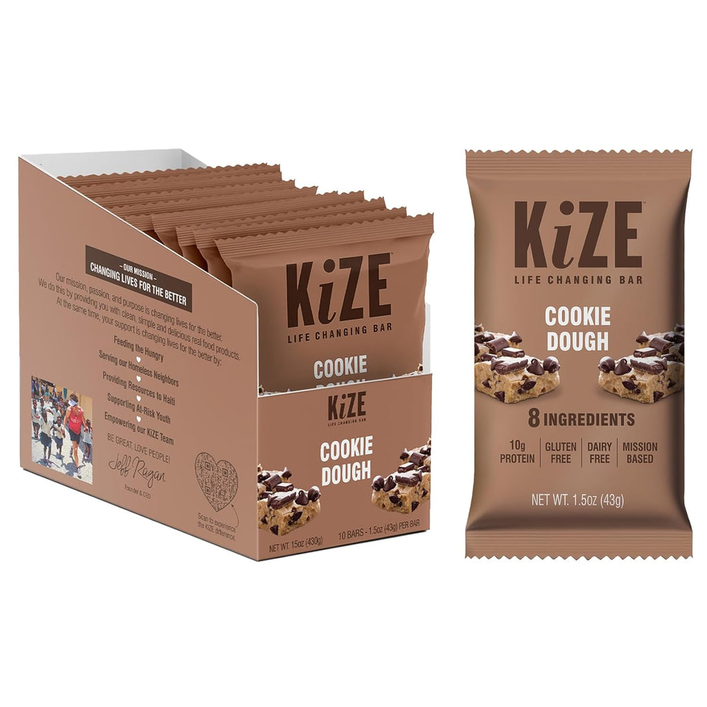 KiZE Energy Bars - Cookie Dough - Gluten Free, Dairy Free, Non-GMO, and High Protein Meal Replacement Energy Bars, Clean and Simple Food Ingredients - 10g High Protein Snacks, (10 Count)