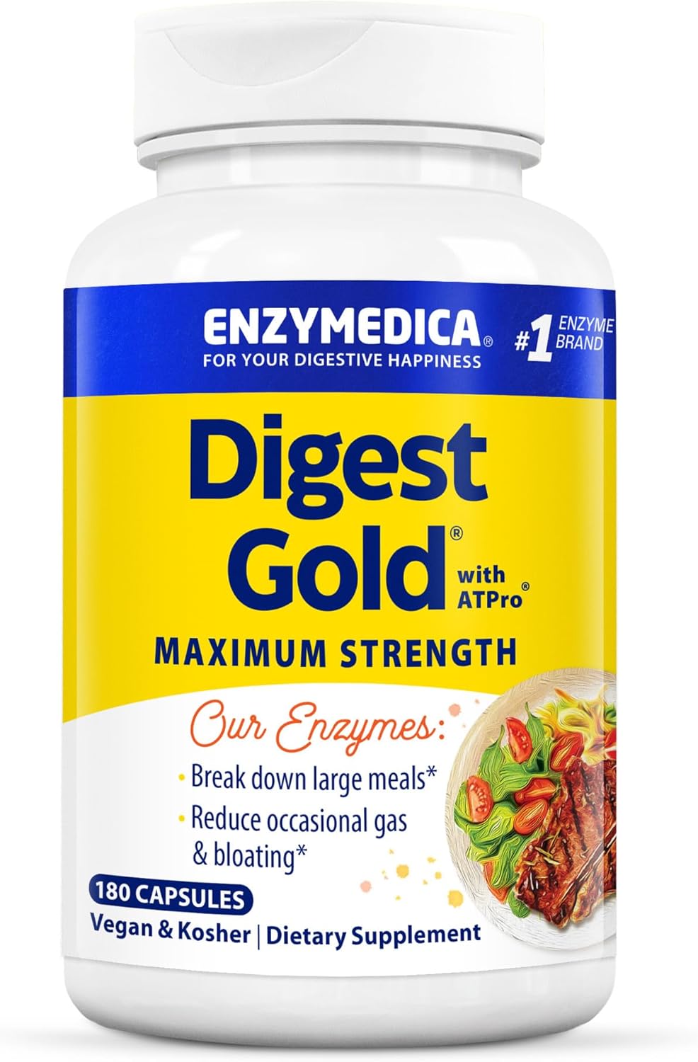Enzymedica Digest Gold + ATPro, Maximum Strength, Fast-Acting, Helps Digest Large Meals, Prevents Bloating and Gas, 180 Count (FFP)