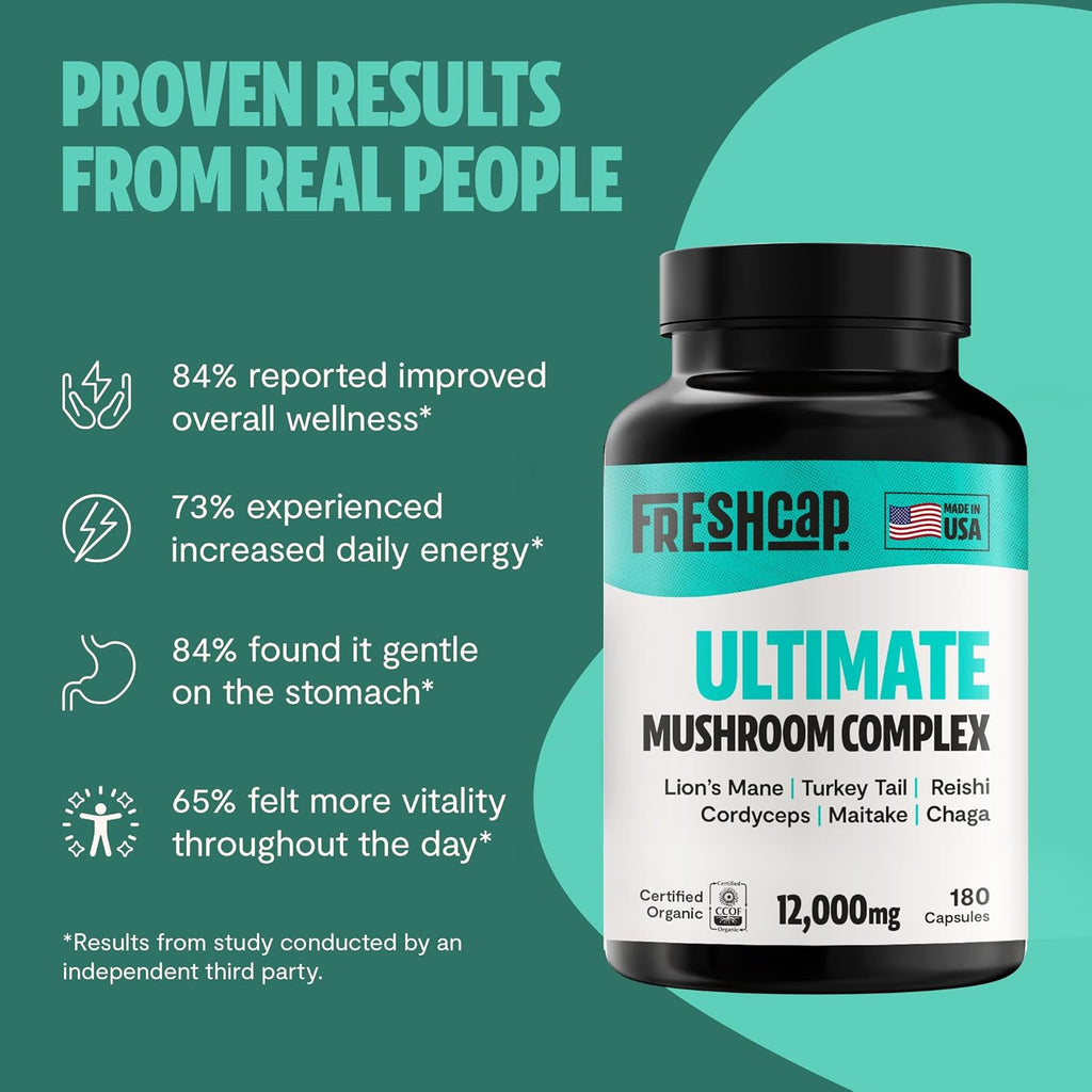 FreshCap Ultimate Mushroom Supplement 12,000mg - Nootropic Complex Capsules, Organic Mushroom Immune Support, Brain Supplements for Memory and Focus, Ayurveda Nootropic (180 Capsules)