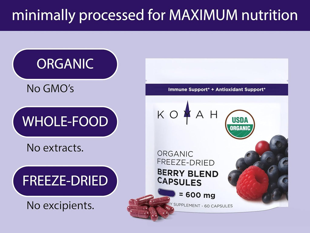 KOYAH Organic Berry Blend Capsules – Antioxidants & Polyphenols - 600 mg - Freeze-Dried (7.1x Concentrated) - Vegan, Non-GMO, Allergen-Free, Gluten-Free, 100% Whole-Berry - 60 Capsules