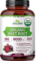 Zazzee USDA Organic Beet Root 8000 mg Strength 20:1 Extract, 180 Vegan Quick Release Capsules, Kosher, Supports Nitric Oxide Production, Black Pepper Extract for Enhanced Absorption, Made in The USA