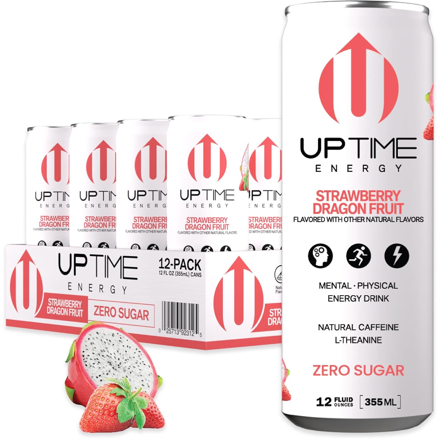 UPTIME Energy Drink, Strawberry Dragon Fruit Sparkling, 12 Pack, L Theanine, Calcium, Zero Sugar Energy Drinks for Focus Support, 142mg Natural Caffeine, 0 Calories, Natural, 12 fl oz Cans