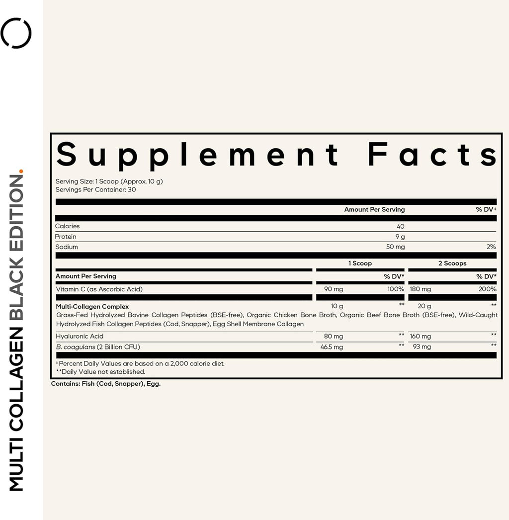 Codeage Multi Collagen Peptides Powder + Probiotics Black Edition, Vitamin C, Hyaluronic Acid Powder Supplement, Grass-Fed, Hydrolyzed, Zero Carbs, Type I, II, III, V & X, Unflavored, 10.58oz