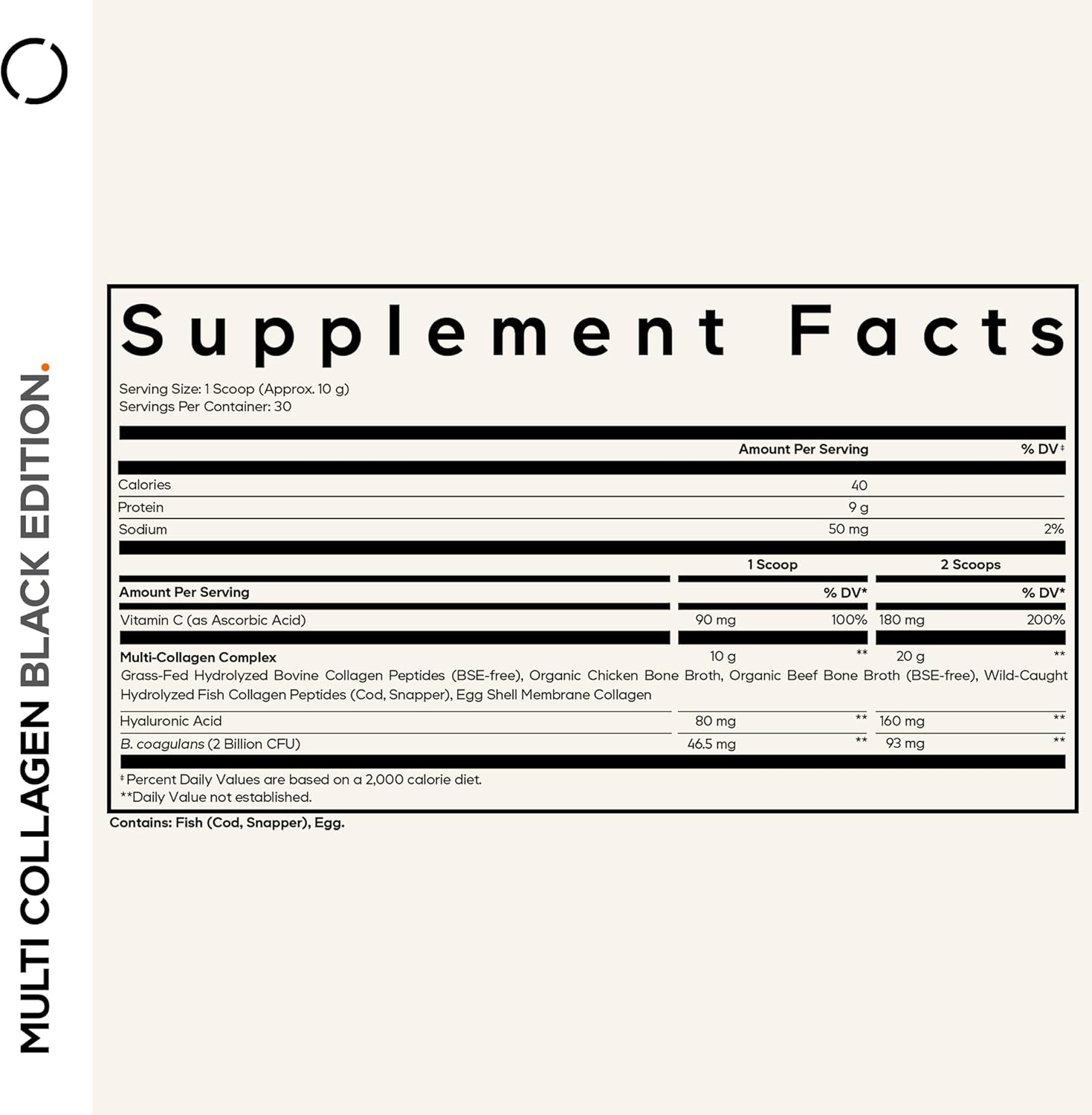 Codeage Multi Collagen Peptides Powder + Probiotics Black Edition, Vitamin C, Hyaluronic Acid Powder Supplement, Grass-Fed, Hydrolyzed, Zero Carbs, Type I, II, III, V & X, Unflavored, 10.58oz
