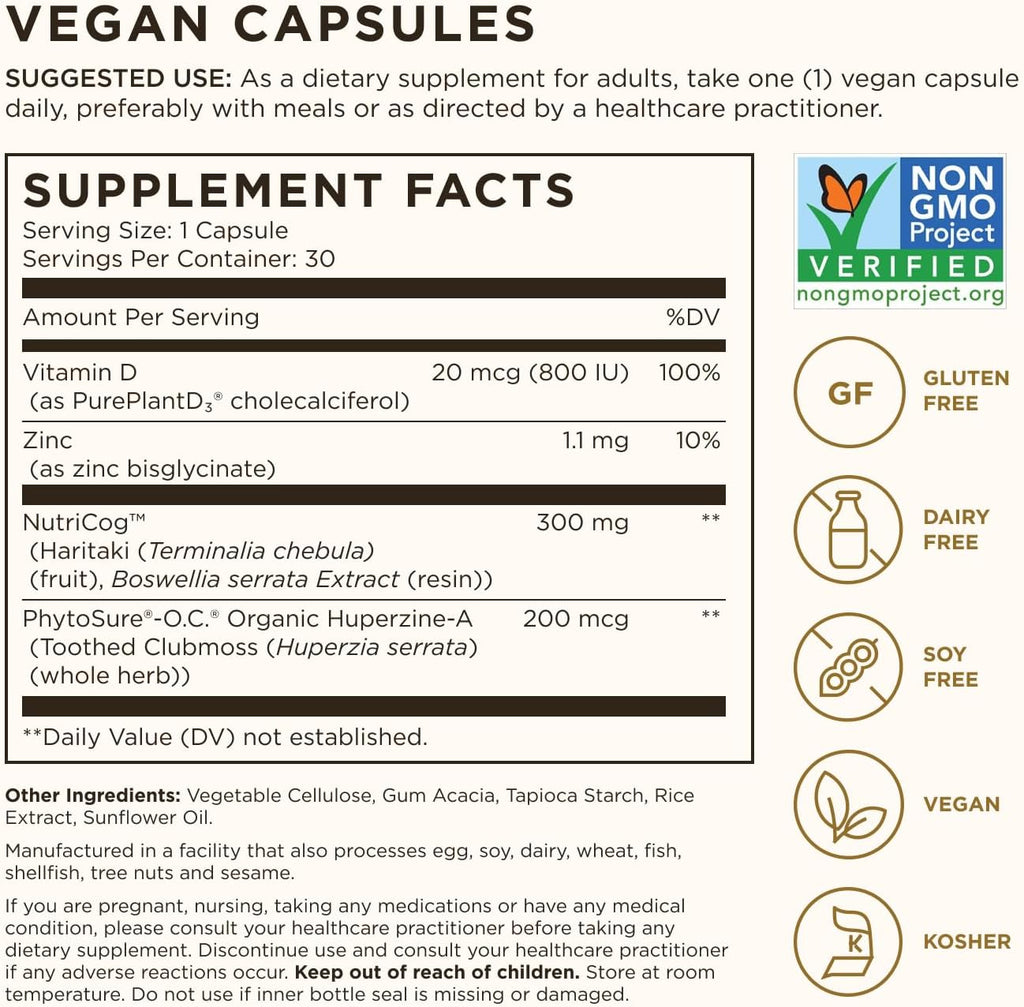 Solgar Memory Support Brain Dietary Supplement for Memory and Focus, Clinically Studied Nutricog, Vitamin D & Huperzine-A, Nootropic Brain Health Supplement, Healthy Aging Support, 30 Servings