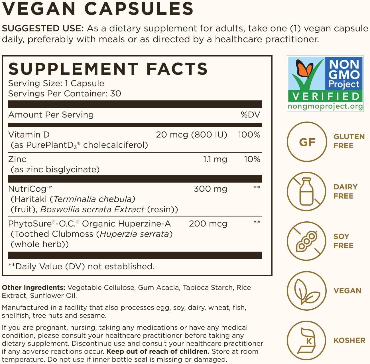 Solgar Memory Support Brain Dietary Supplement for Memory and Focus, Clinically Studied Nutricog, Vitamin D & Huperzine-A, Nootropic Brain Health Supplement, Healthy Aging Support, 30 Servings