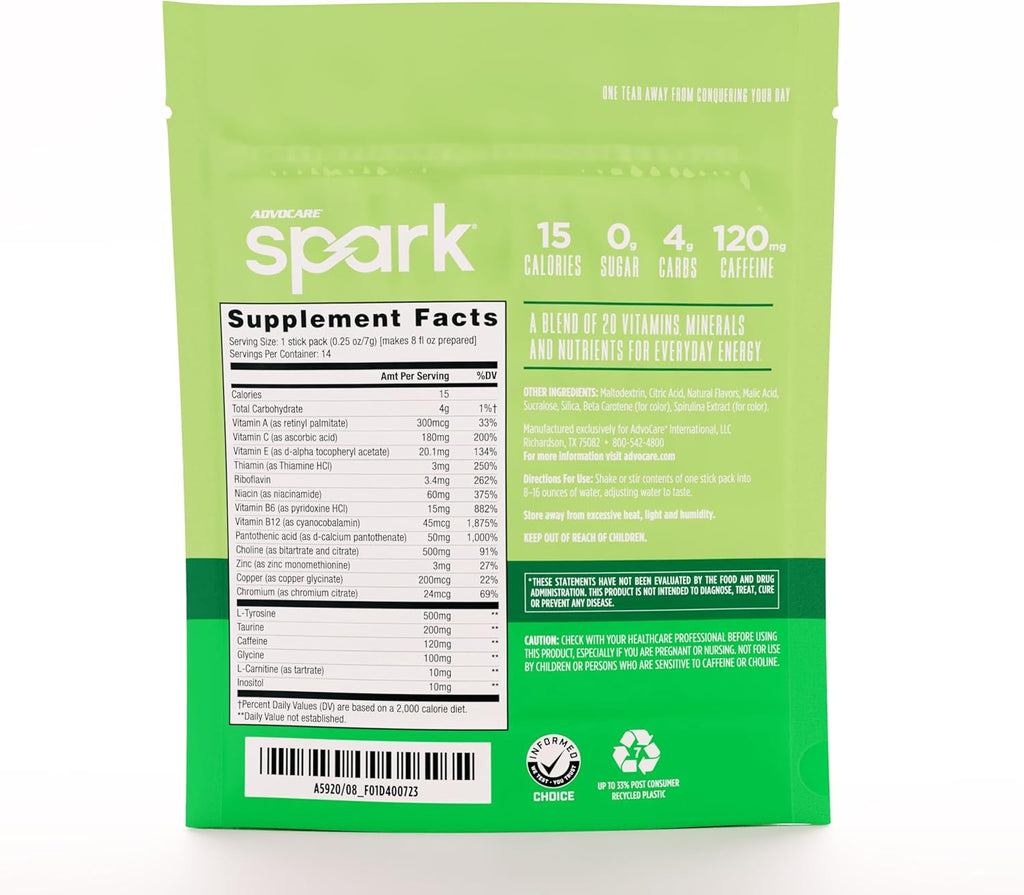AdvoCare Spark Vitamin & Amino Acid Supplement - Focus & Energy Drink Powder Mix with Vitamin A, B-6, C & E - Also Includes L-Carnitine & L-Tyrosine - Limeade, 14 Stick Packs