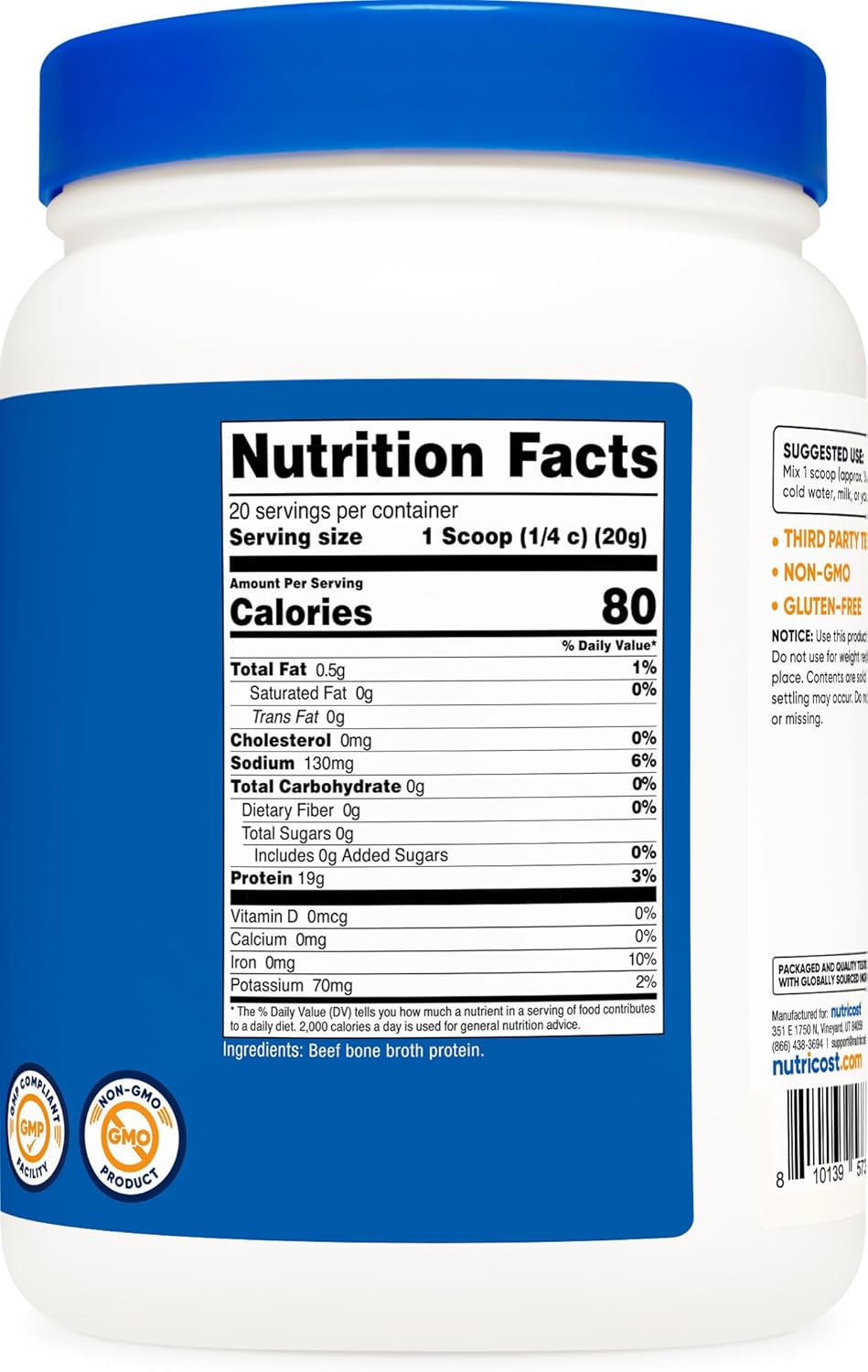 Nutricost Beef Bone Broth Protein Powder Unflavored (20 Servings) - Gluten-Free, GMO-Free