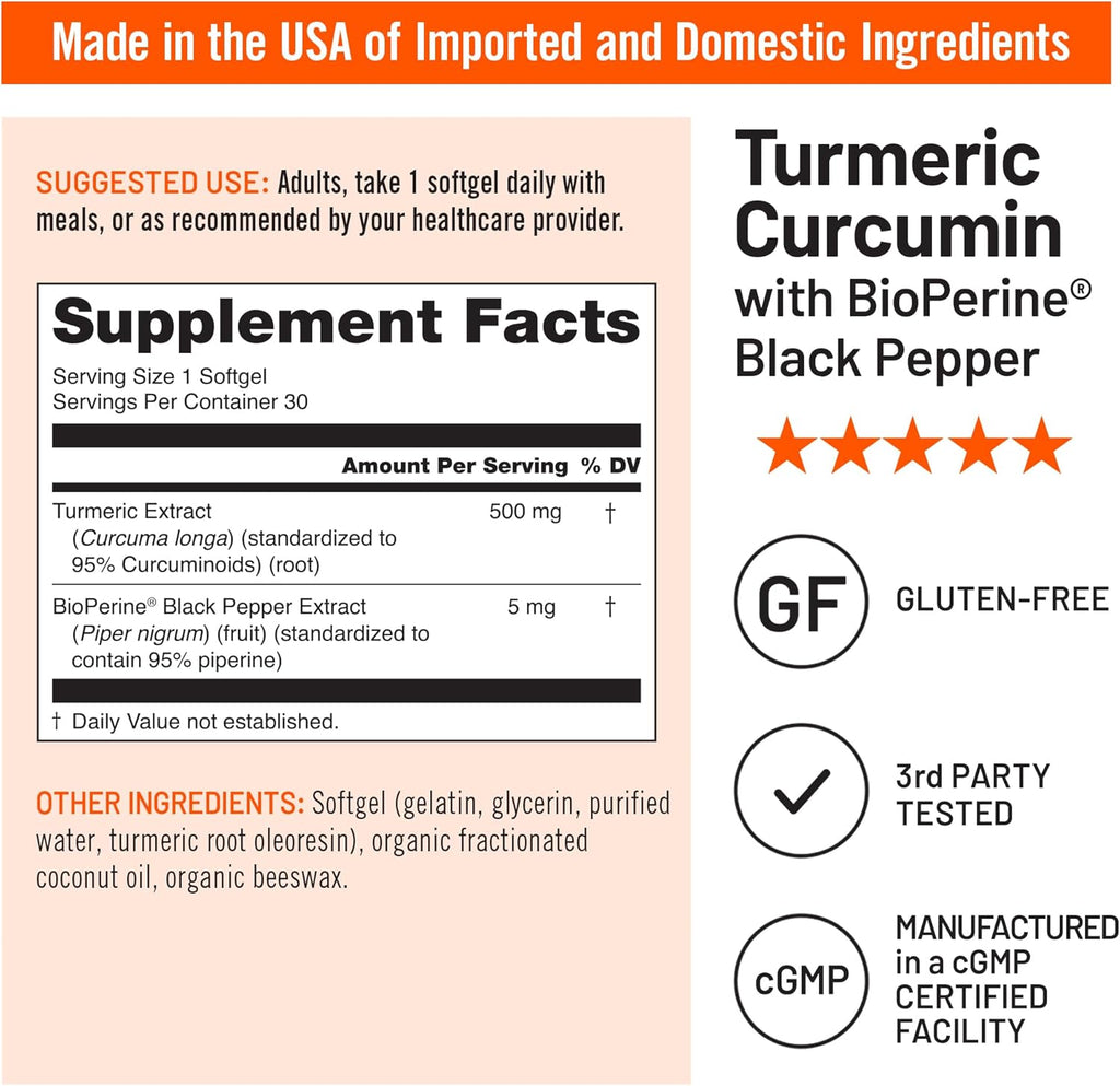 NatureWise Turmeric Curcumin 500mg with Black Pepper Softgels - Extra Strength, Enhanced Absorption - 95% Curcuminoids & BioPerine for Immune Support - Gluten-Free, Non-GMO - 30 Count[1-Month Supply]