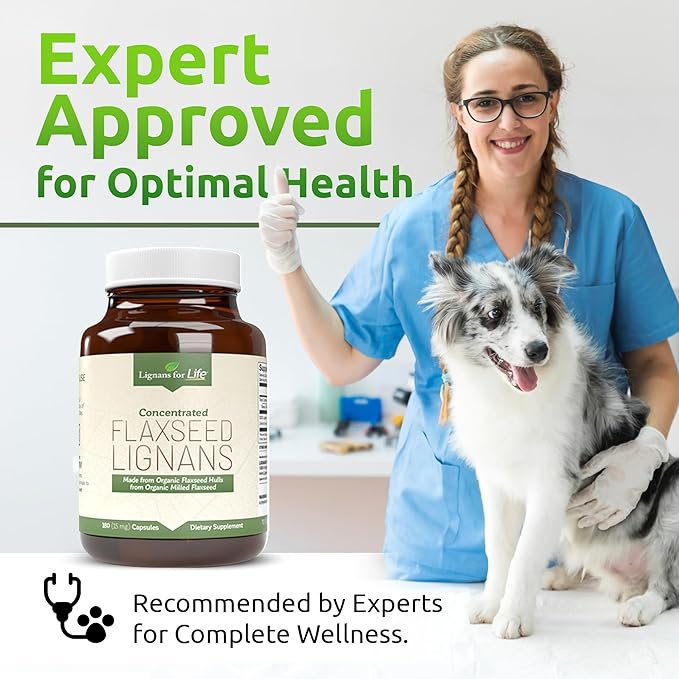 Lignans For Life Flaxseed Lignans for Dogs & People + SDG - Omega 3 Fatty Acids, High Fiber Antioxidants - Improve Shiny Coat, Digestive & Heart Health for Dogs, 15mg, 180 Flaxseed Capsules, 1 Pack