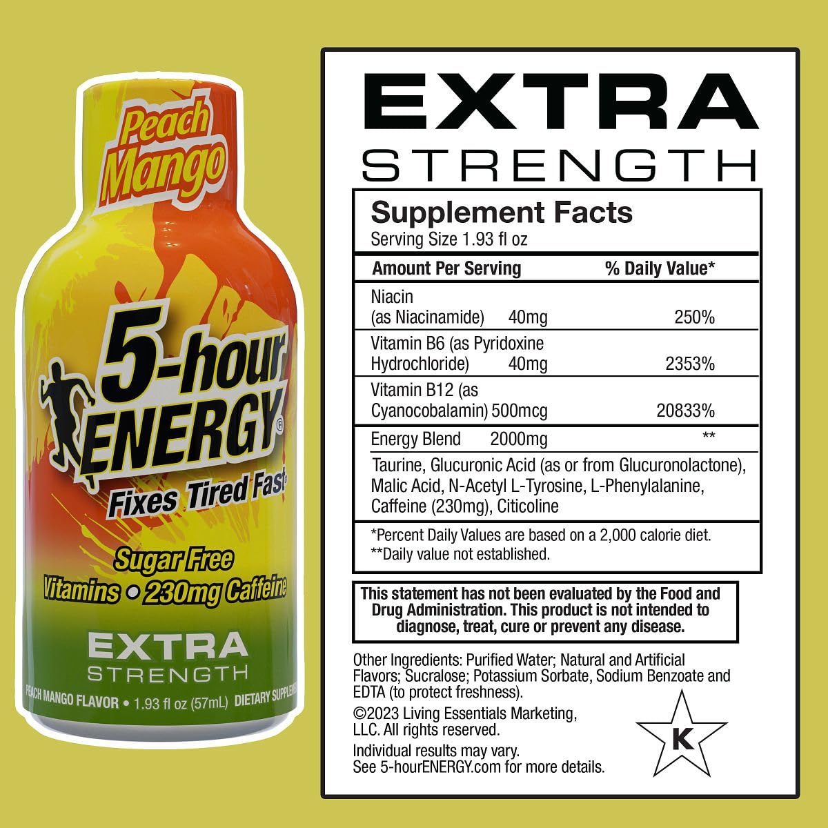 5-hour ENERGY Extra Strength Energy Shot, Peach Mango Flavor, Zero Calories & Sugar-Free 230 mg Caffeinated Shot, Amino Acids & B Vitamins, Dietary Supplements, 1.93 oz., 30 Count