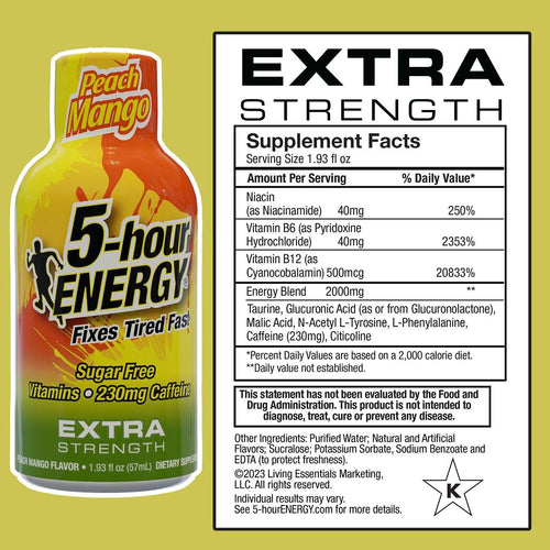 5-hour ENERGY Extra Strength Energy Shot, Peach Mango Flavor, Zero Calories & Sugar-Free 230 mg Caffeinated Shot, Amino Acids & B Vitamins, Dietary Supplements, 1.93 oz., 30 Count