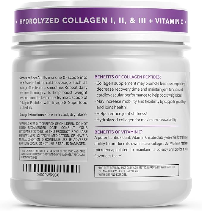 INVIGOR8 Collagen Peptides Powder Hydrolyzed + Vitamin C Hydrolyzed Type I, II, & III + Vitamin C Unflavored Non-GMO Grass-Fed Supplement Supports Joints, Skin, Hair, Nails and Anti-Aging (12.4g)