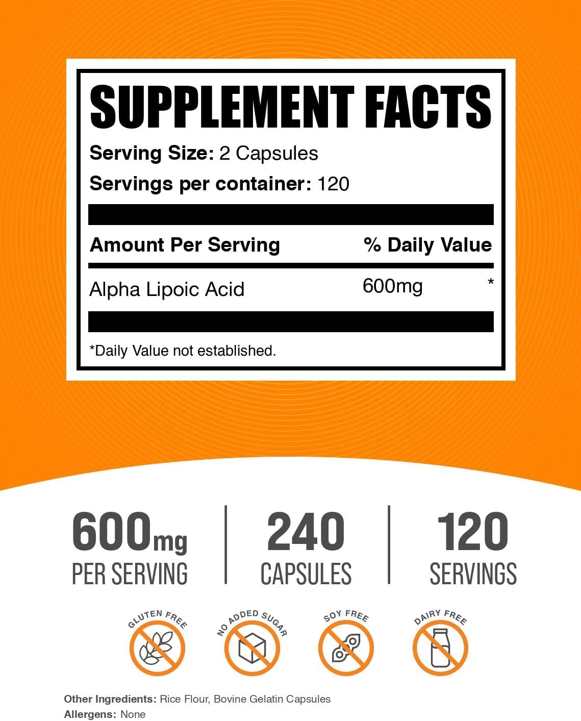 BulkSupplements.com Alpha Lipoic Acid Capsules - ALA Supplement, Alpha Lipoic Acid 600mg - Gluten Free - 240 Capsules (Pack of 1)