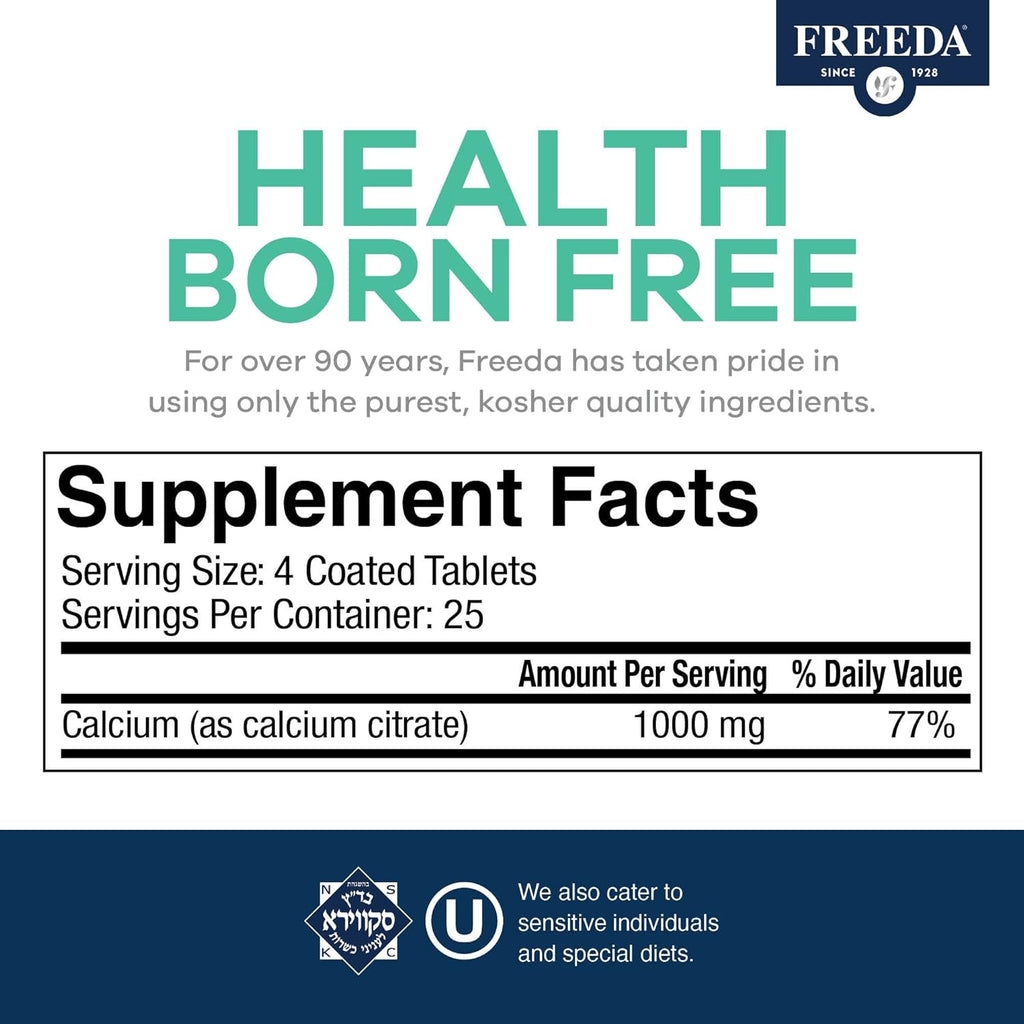 Freeda Calcium Citrate – Kosher Vegan Bone Strength Supplement – Supports Bone Density & Muscle Function – Calcium 1000mg per Serving – No Added Vitamin D – (250 Tablets)